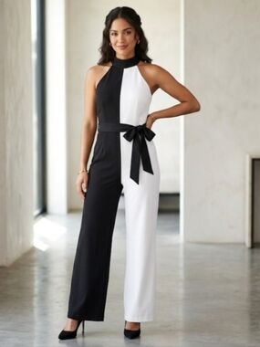 NY&C Black & White Colorblock Halter Jumpsuit - Size Small - NWT